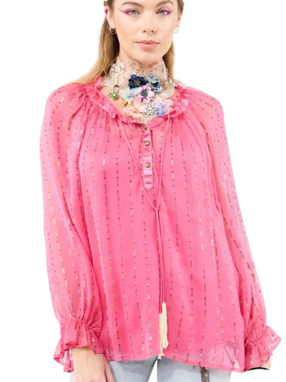 ❤️🔥 Aratta Pink Metallic-Strip Peasant Maven Blouse Large A-31